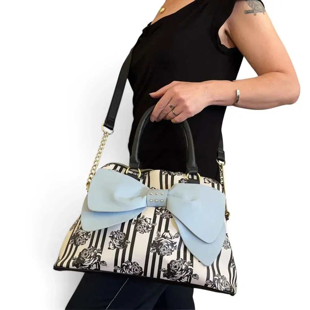 Betsey Johnson Blue Bow Faux Leather Floral Stripe Dome Satchel Bag Handbag